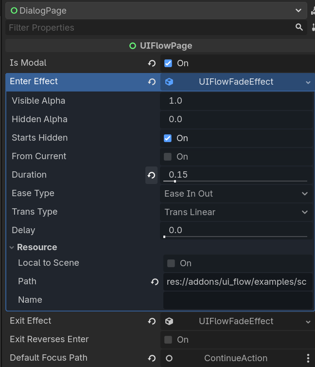 Transition configuration in page inspector